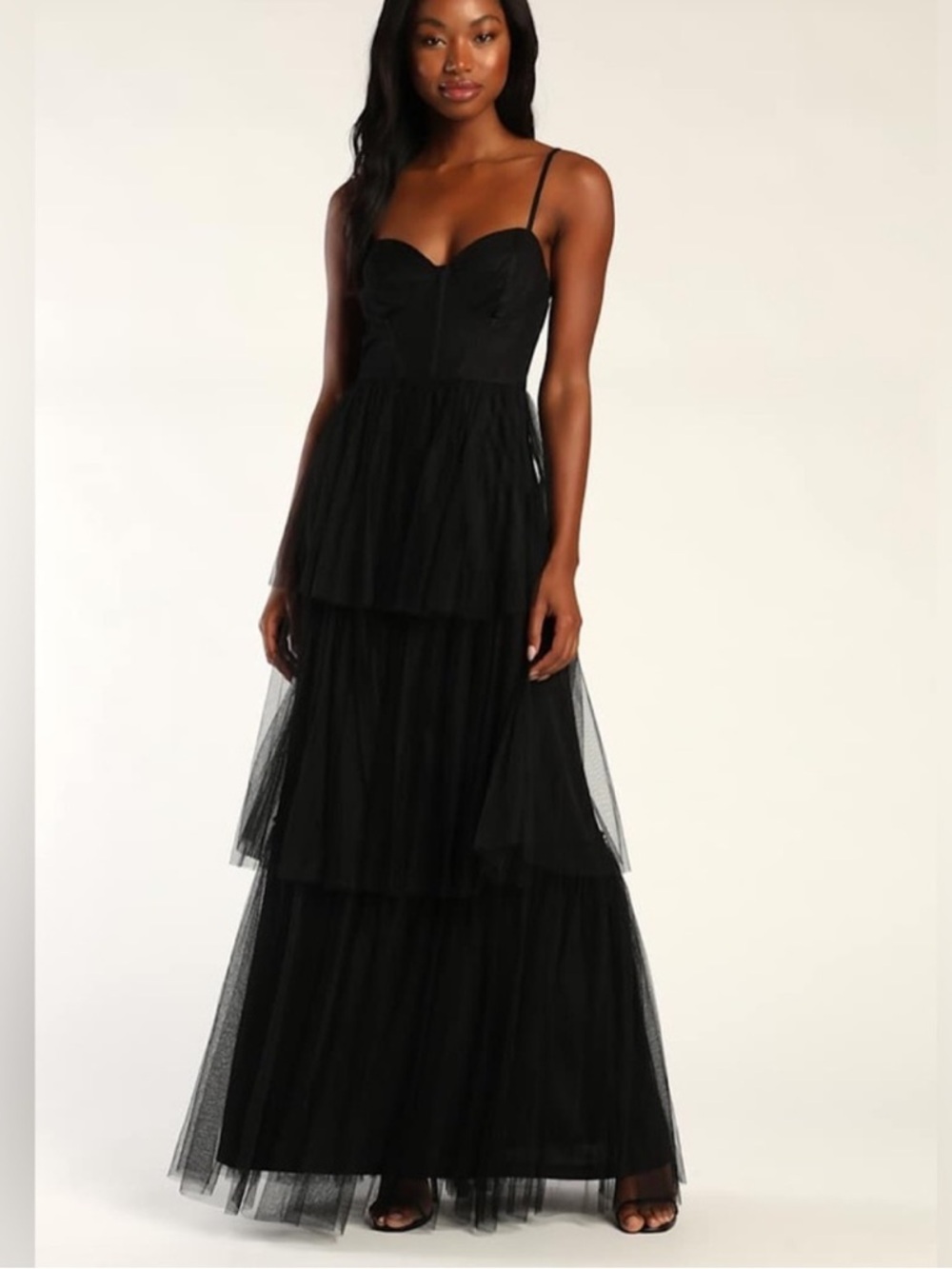 Tulle-y Amazing Black Tulle Sleeveless Bustier Maxi Dress